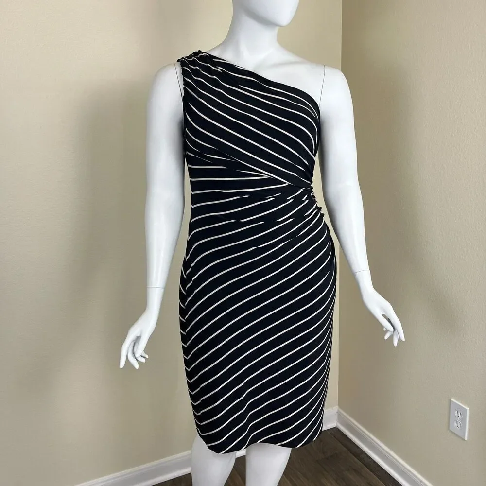 Lauren Ralph Lauren Women Size 16 Black Striped One Shoulder Ruched Sheath Dress